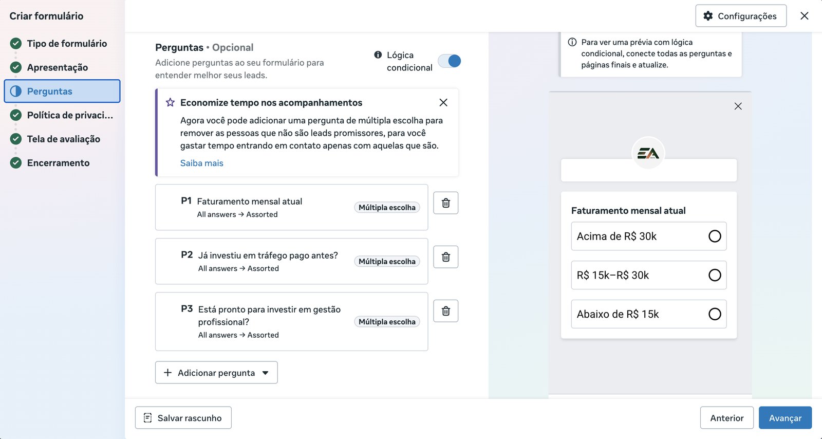 Funil condicional montado no Meta Ads com perguntas de qualificação